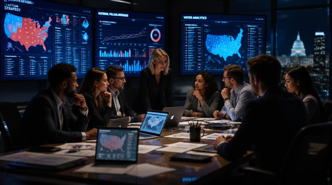 Political strategy war room analyzing voter data