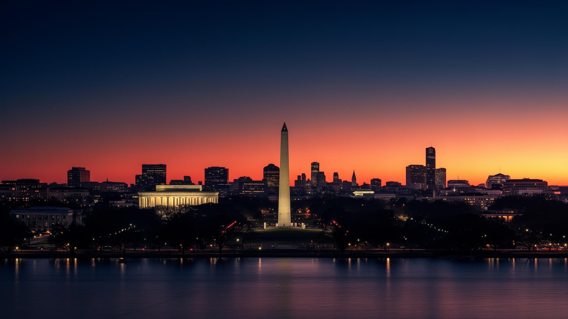 American city skyline at dusk